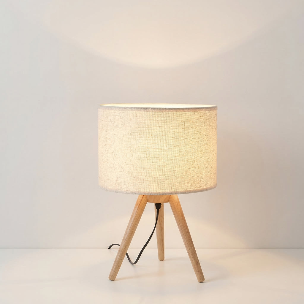 Nordic Wooden Tripod Table Lamp With Linen Shade And Led Bulb