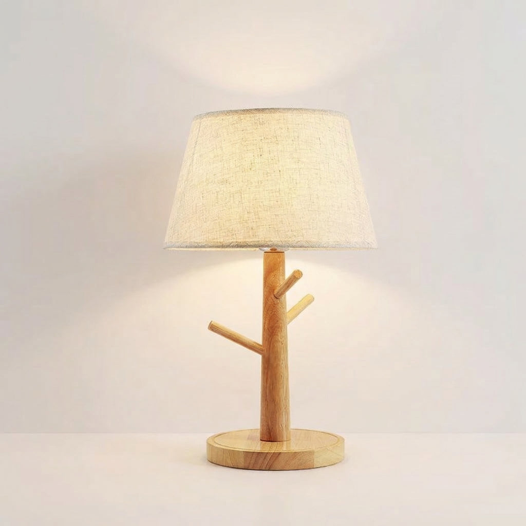 Modern Nordic Wooden Table Lamp Tree Branch Base Fabric Shade