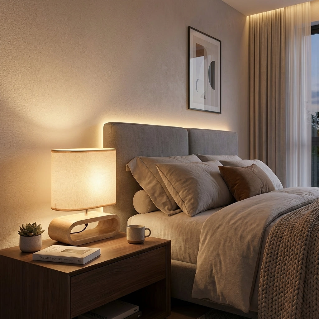 Nordic Natural Wood LED Table Lamp With Soft Fabric Shade Base