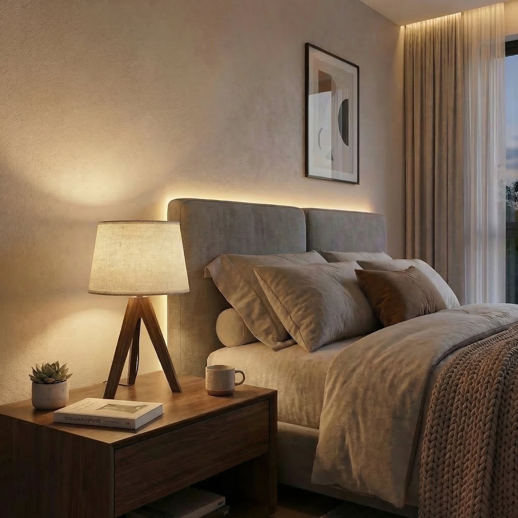 Scandinavian Wooden Tripod Table Lamp With Natural Linen Shade