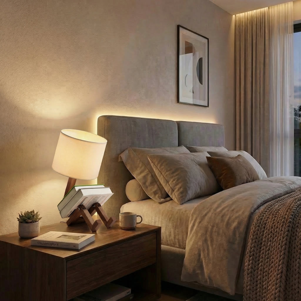 Nordic Style Wooden LED Table Lamp With Adjustable Book Holder And Fabric Shade