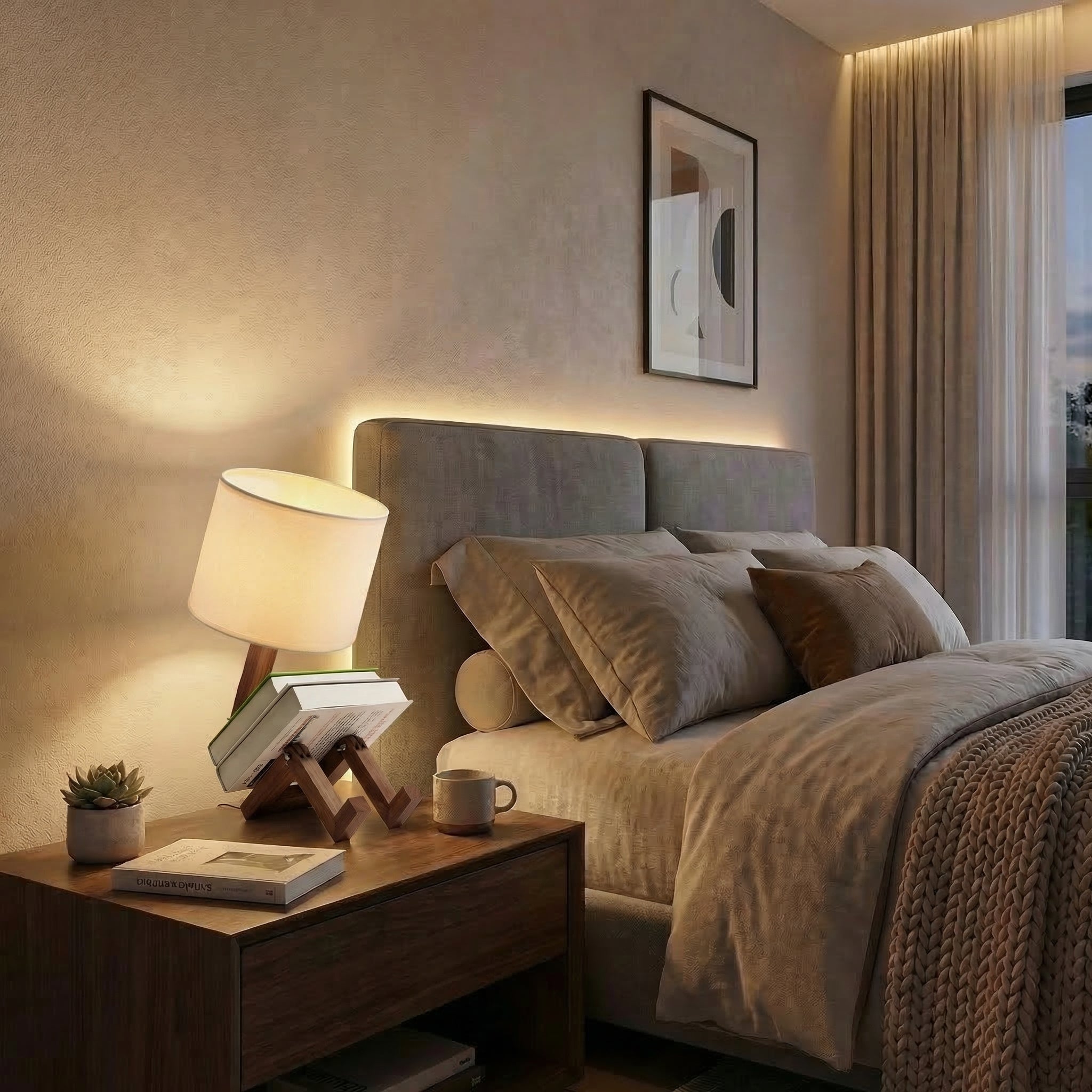Nordic Style Wooden LED Table Lamp With Adjustable Book Holder And Fabric Shade