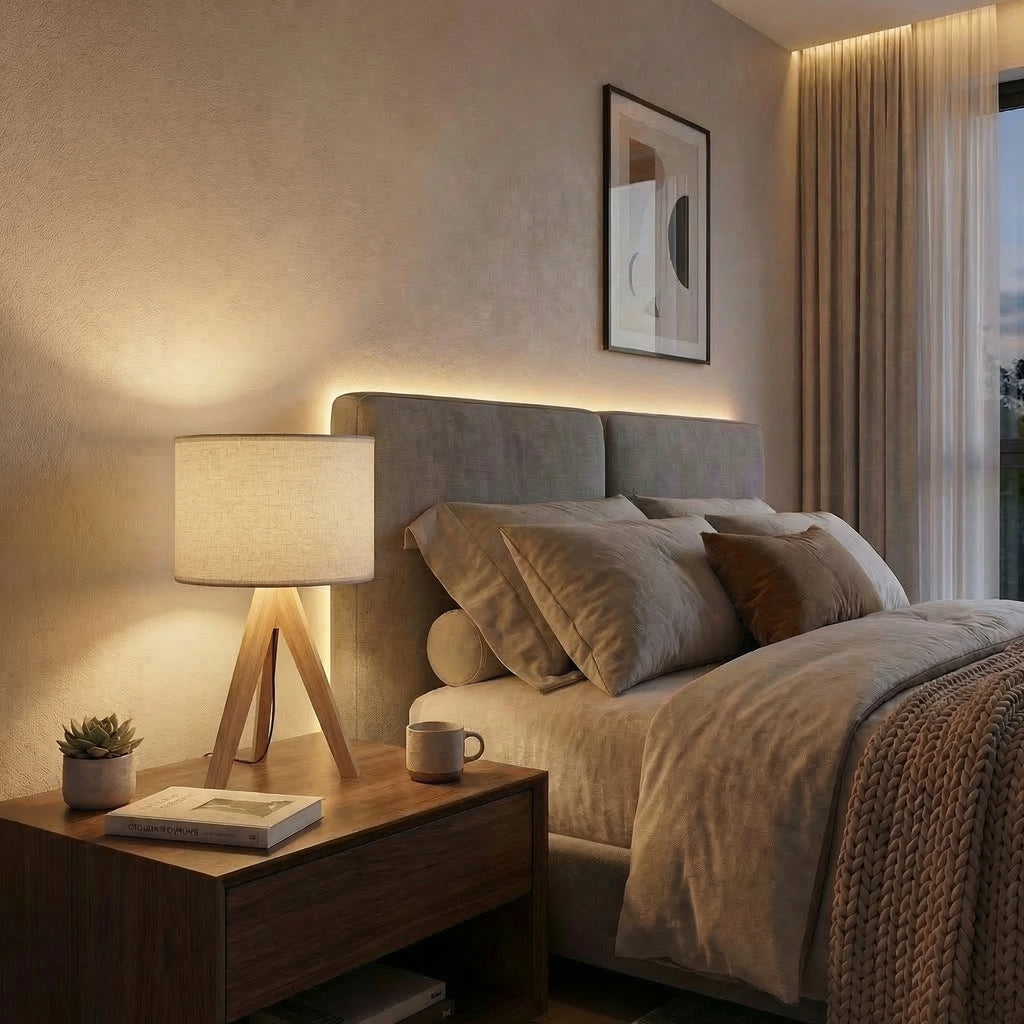Nordic Wooden Tripod Table Lamp With Linen Shade And Led Bulb