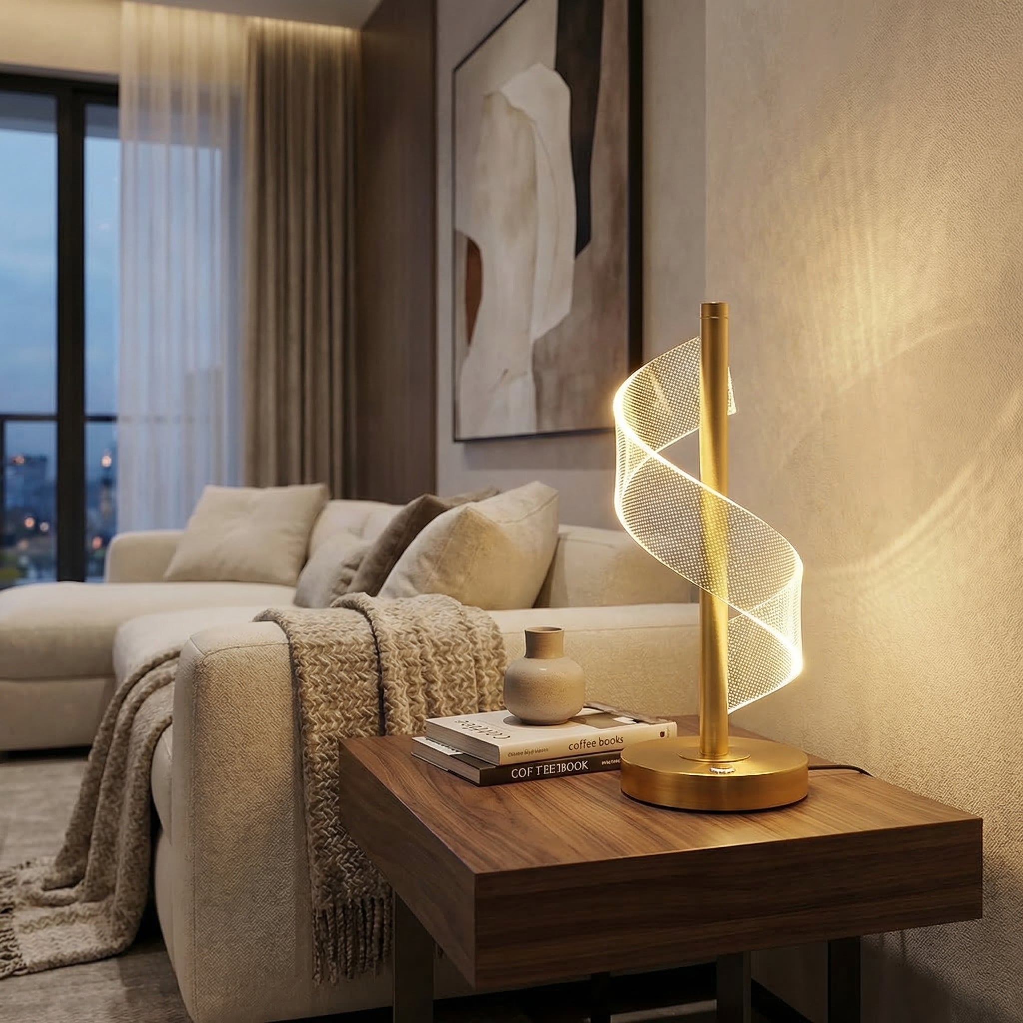 Modern Spiral LED Table Lamp With Gold Metal Frame And Clear Acrylic Body