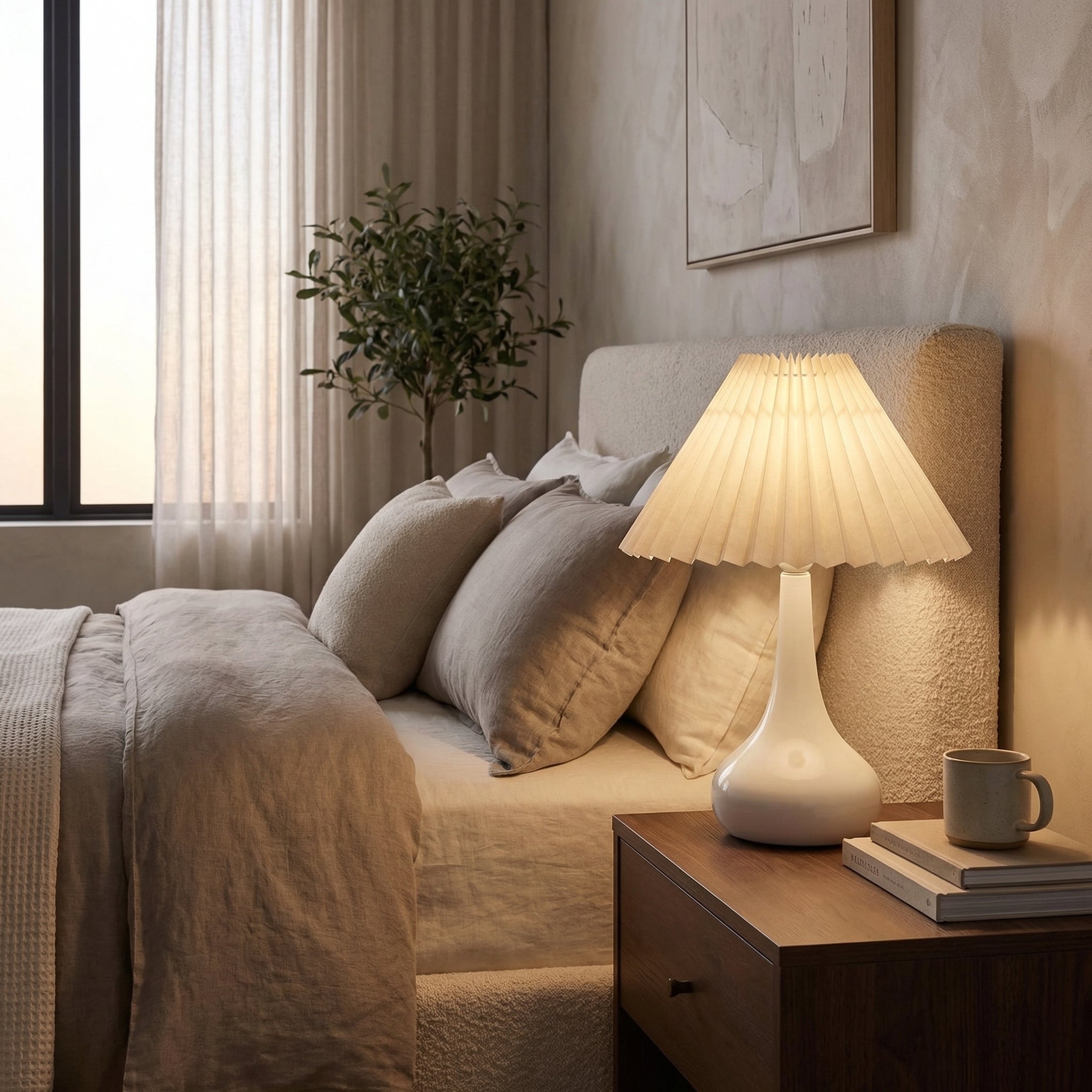 Contemporary Black Gourd Base Bedside Lamp With Pleated Shade