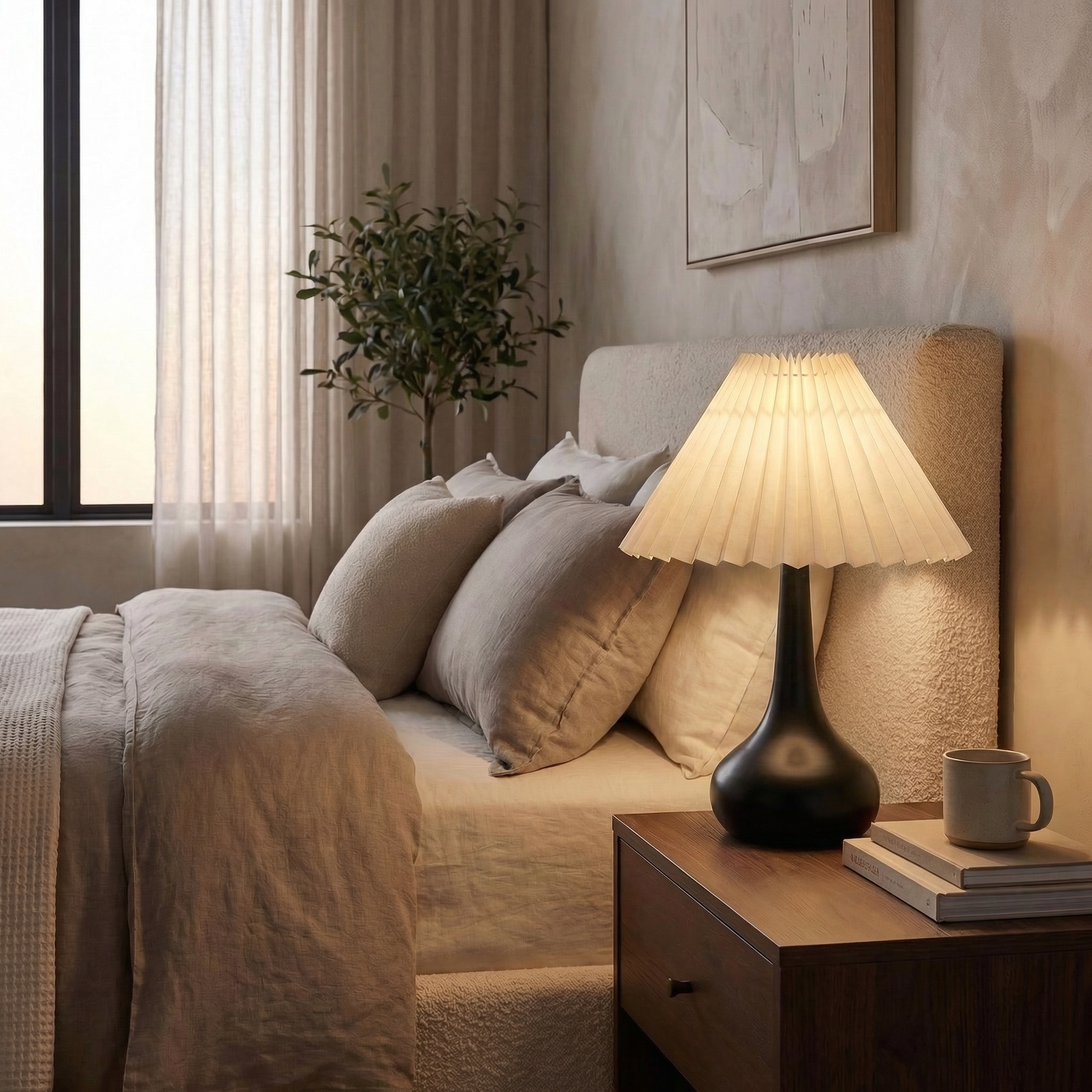 Contemporary Black Gourd Base Bedside Lamp With Pleated Shade