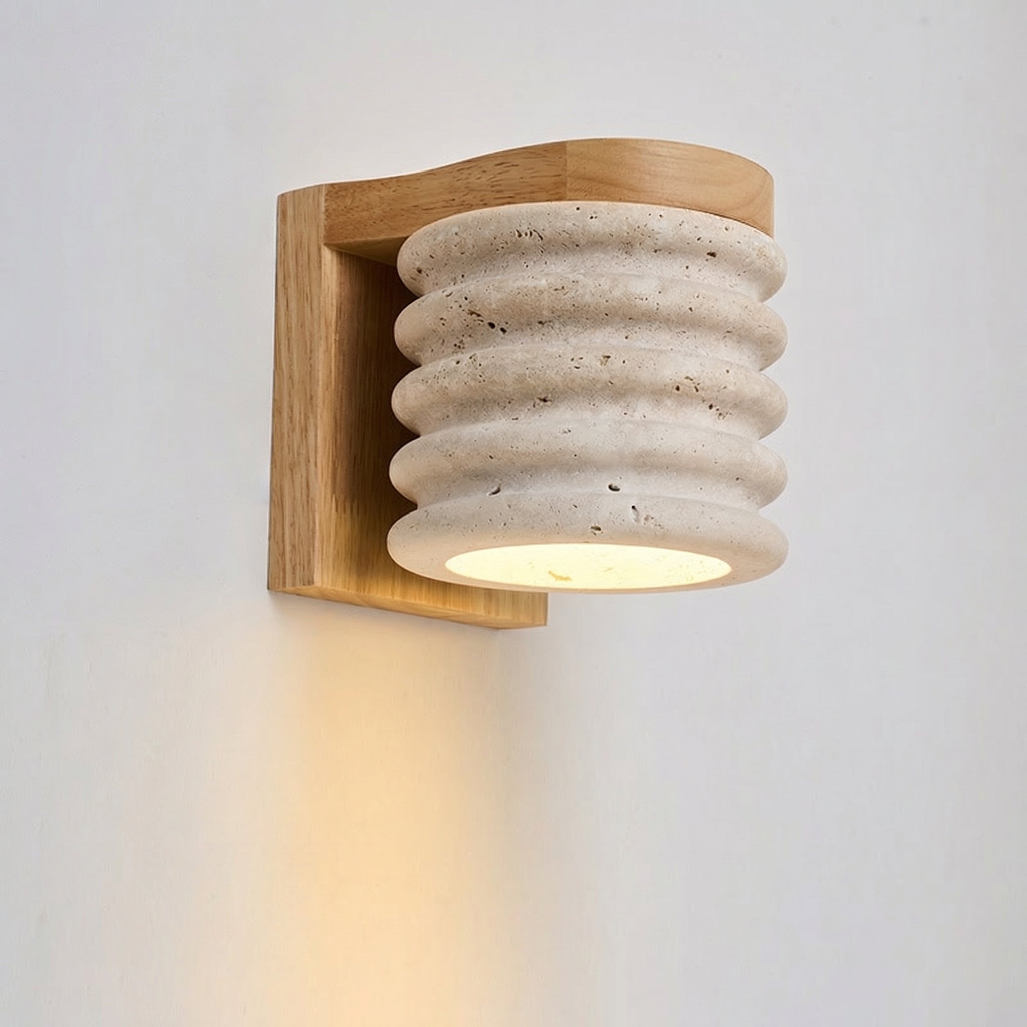 Travertine Ribbed Wall Lamp With Solid Wooden Frame And Natural Stone Shade