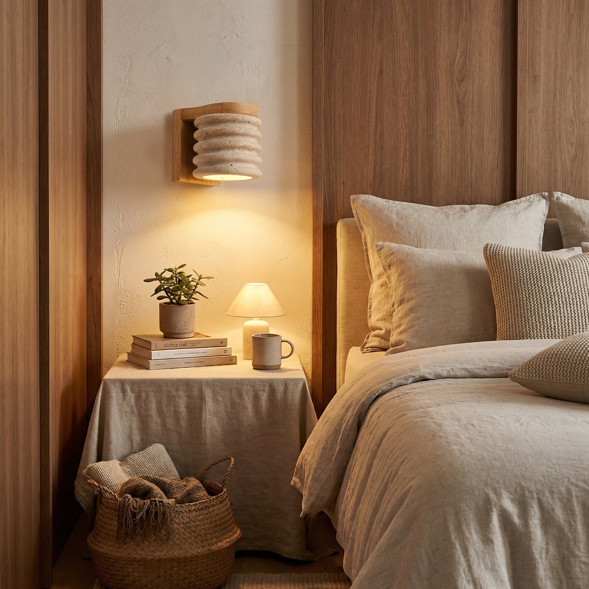 Travertine Ribbed Wall Lamp With Solid Wooden Frame And Natural Stone Shade