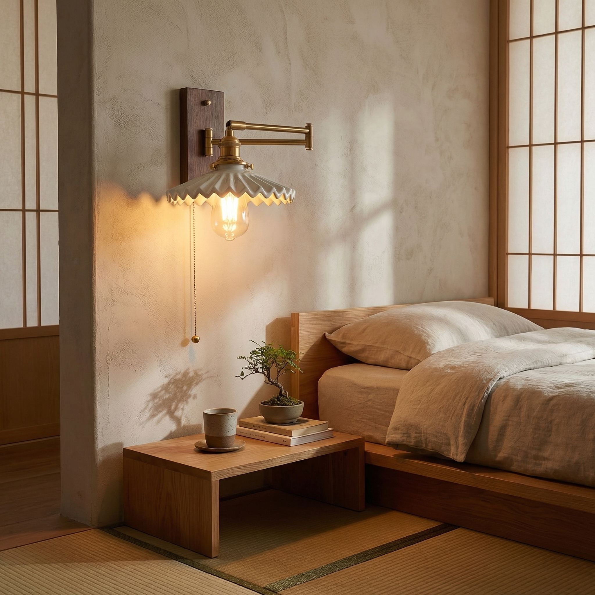 Nordic Wave Porcelain Wall Lamp With Brass Arm And Shade