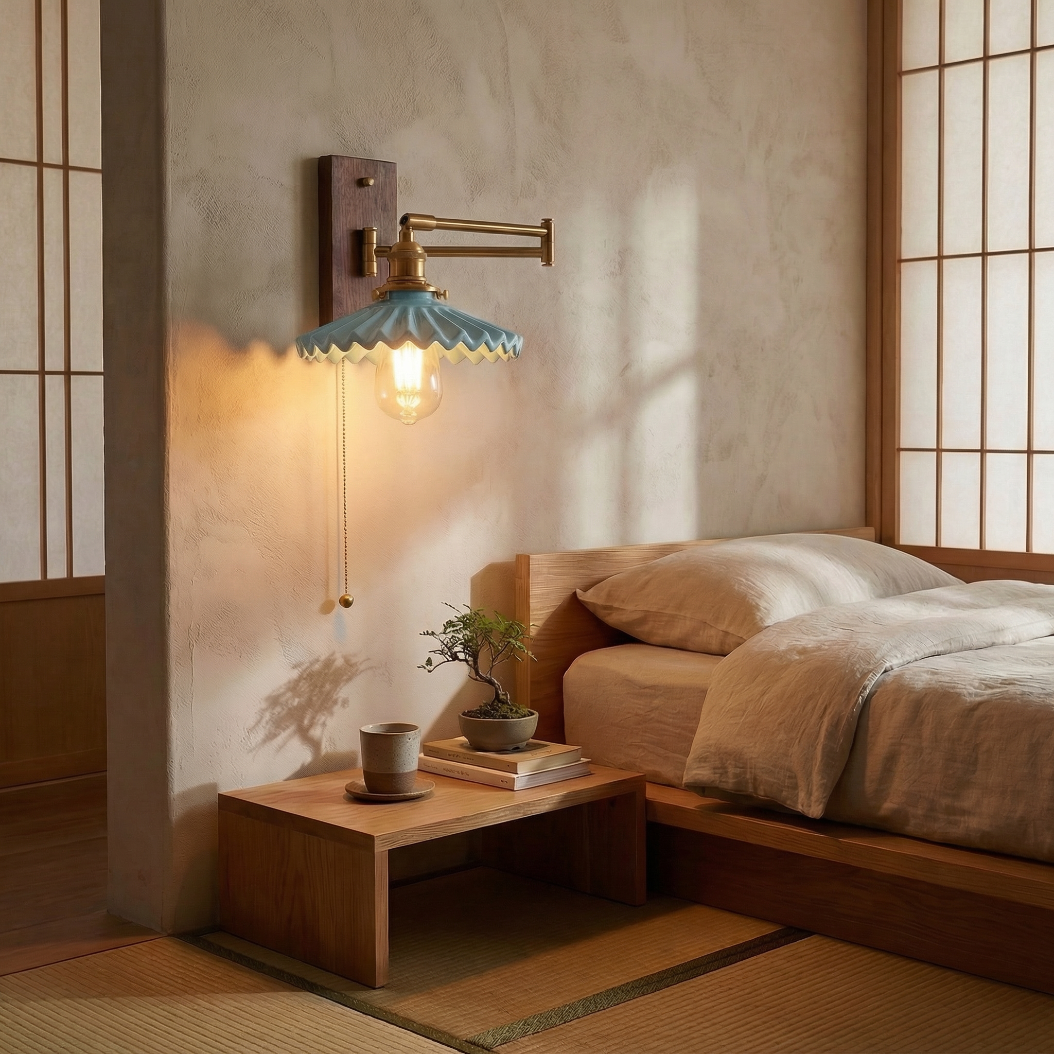 Nordic Wave Porcelain Wall Lamp With Brass Arm And Shade