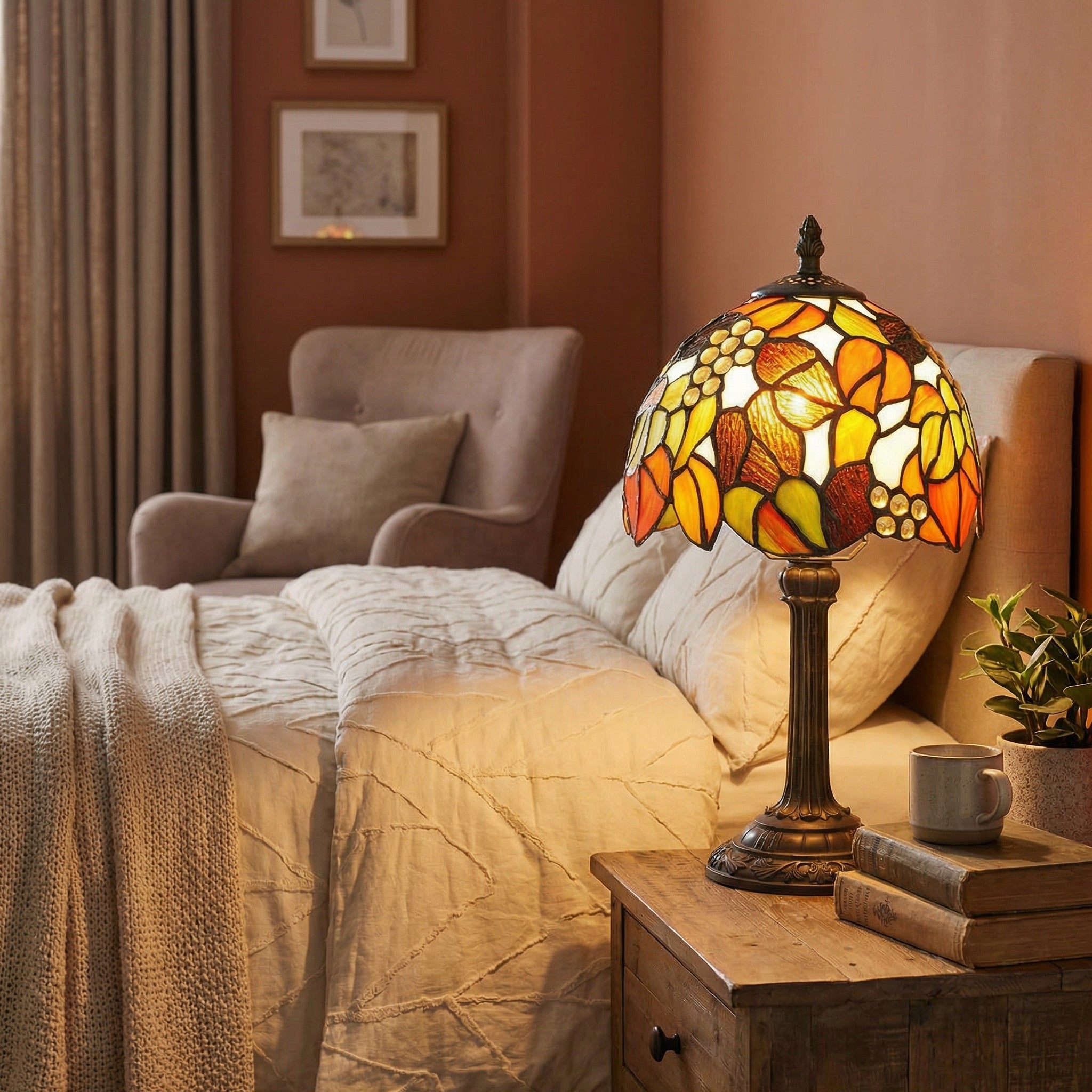 Tiffany Style Stained Glass Table Lamp With Maple Grape Leaf Pattern