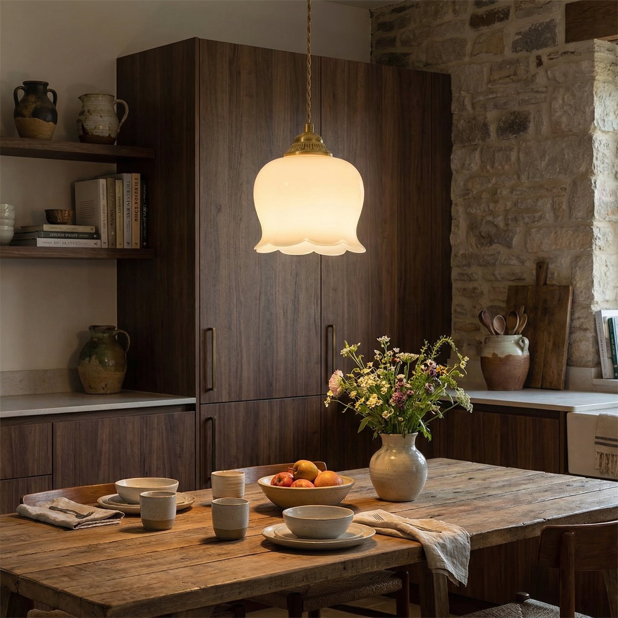 French Cream Lily Wall Lamp With Brass Finish And Glass Shade