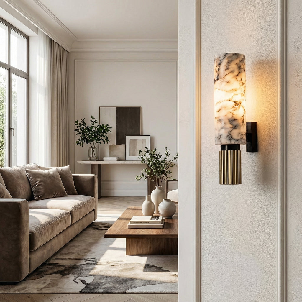 Classic Interior Brass Wall Lamp With Natural Marble Cylindrical Shade