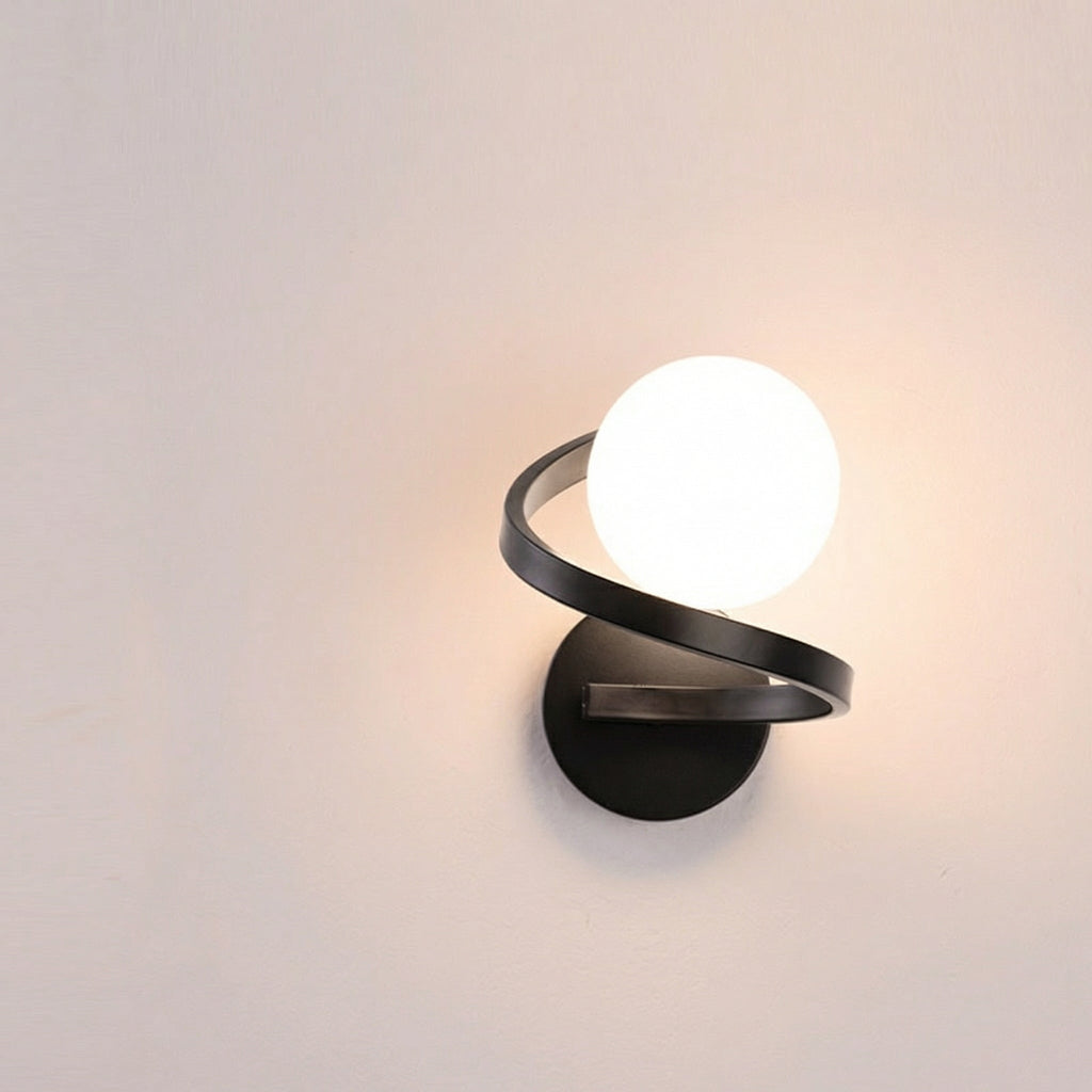 Indoor Black Spiral Glass Led Wall Lamp With Curved Metal Frame
