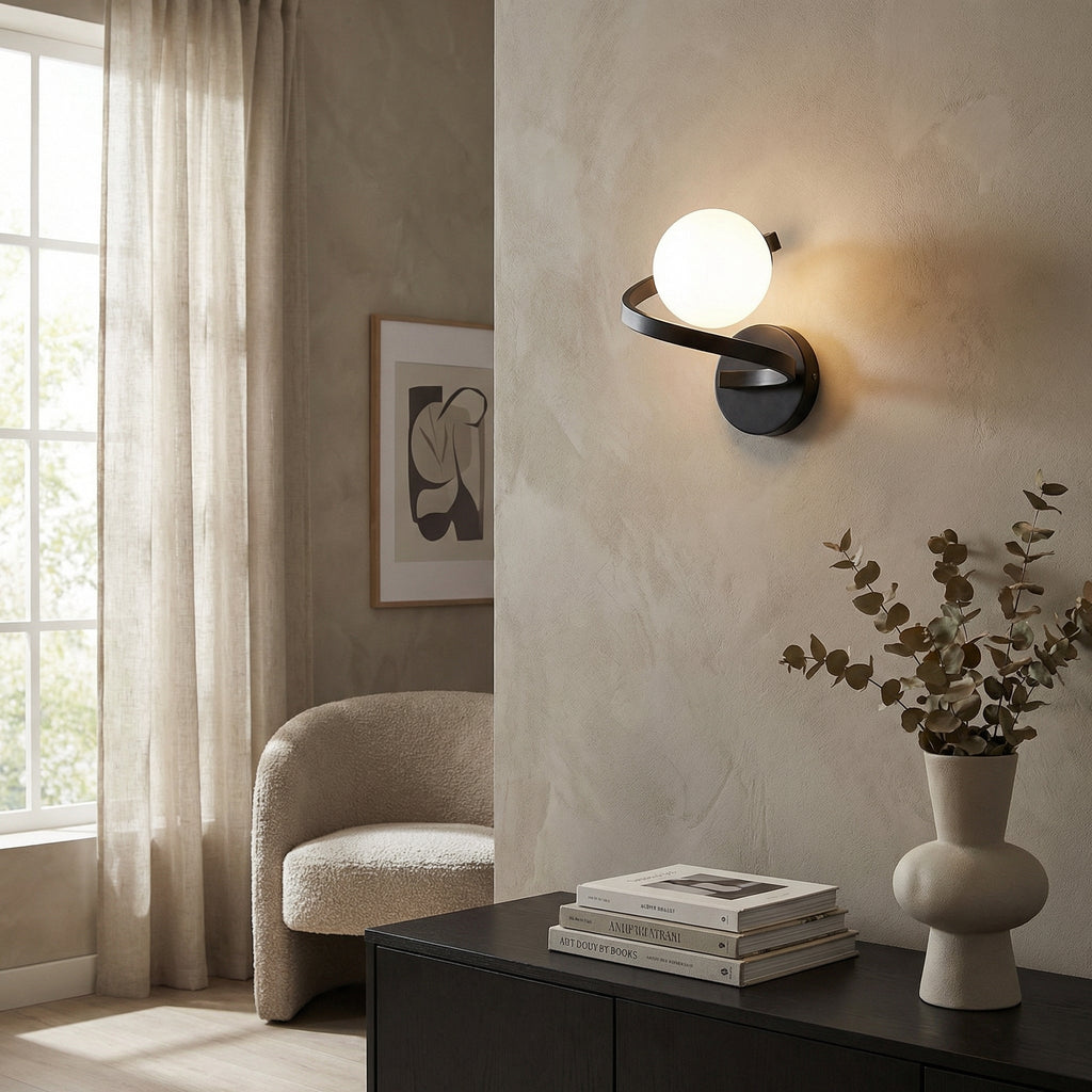 Indoor Black Spiral Glass Led Wall Lamp With Curved Metal Frame