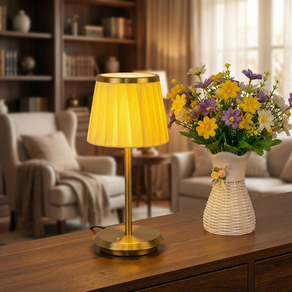 Modern Pleated Fabric Rechargeable LED Metal Base Bedside Lamp