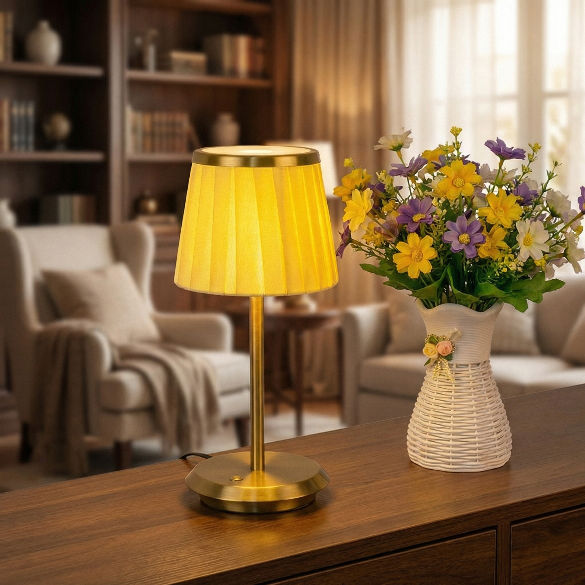 Modern Pleated Fabric Rechargeable LED Metal Base Bedside Lamp