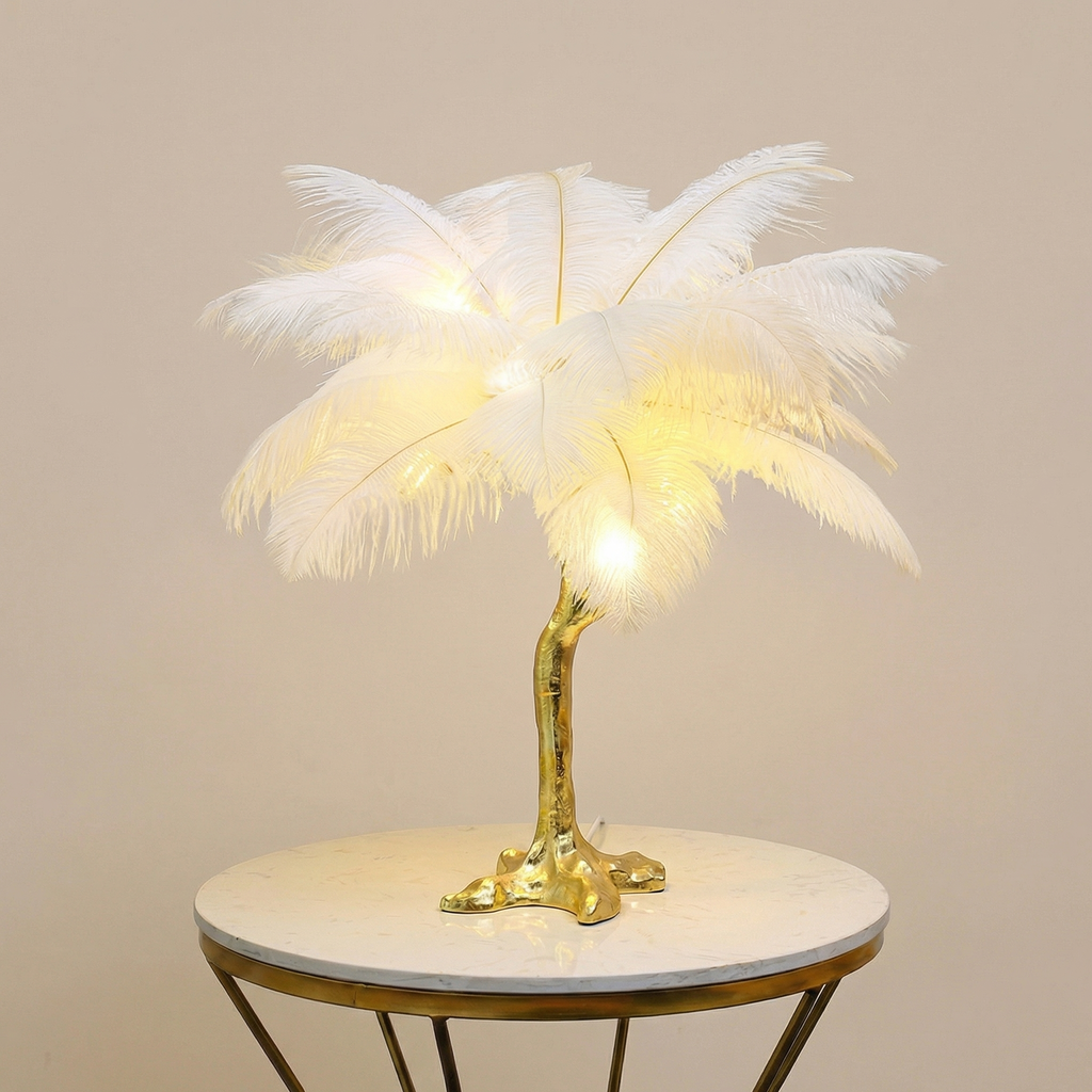 Nordic Artificial Ostrich Feather Table Lamp With Resin Base Bedroom Decor