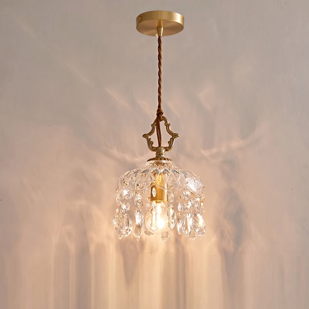 French Style Brass Crystal Pendant Light Vintage Hanging Lamp