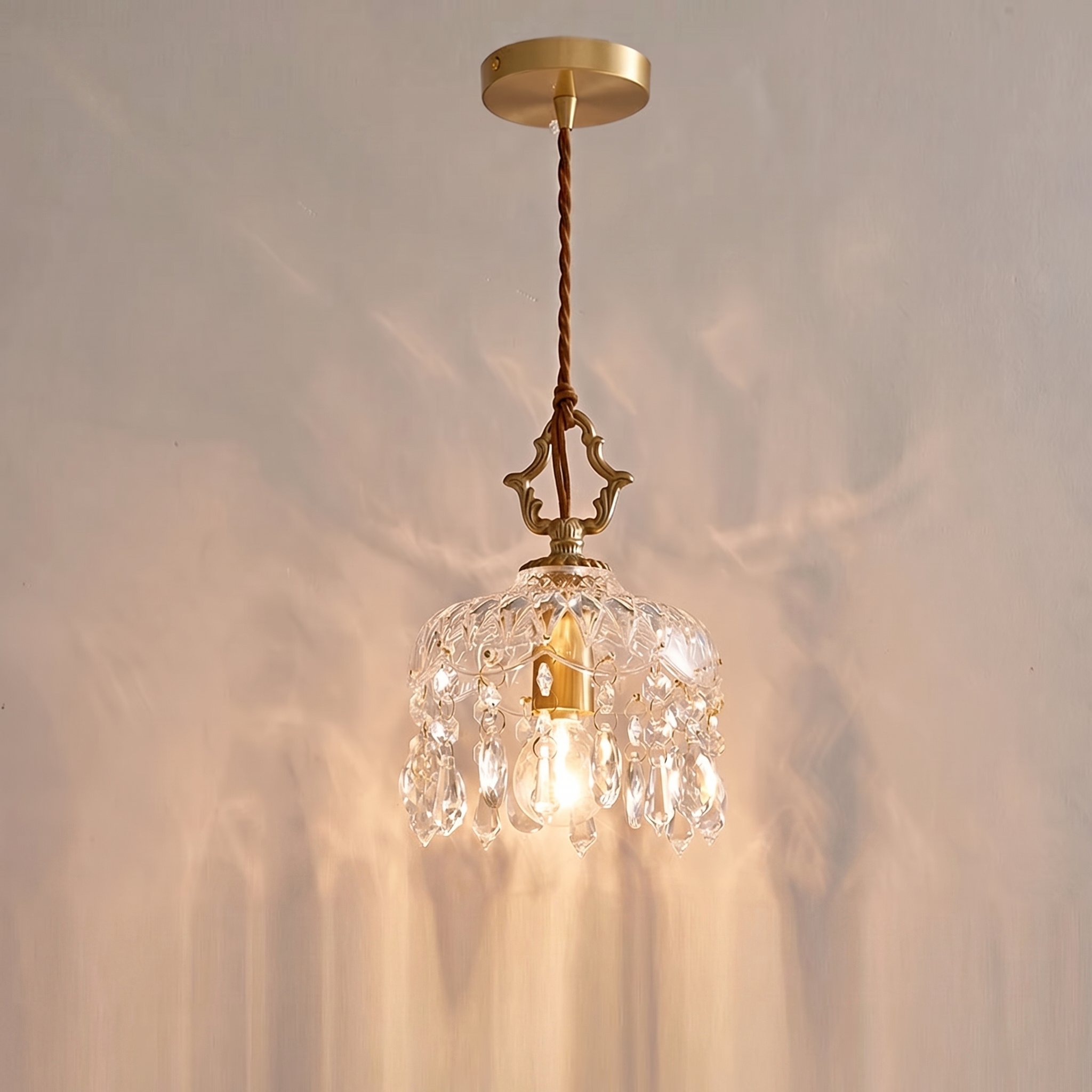 French Style Brass Crystal Pendant Light Vintage Hanging Lamp