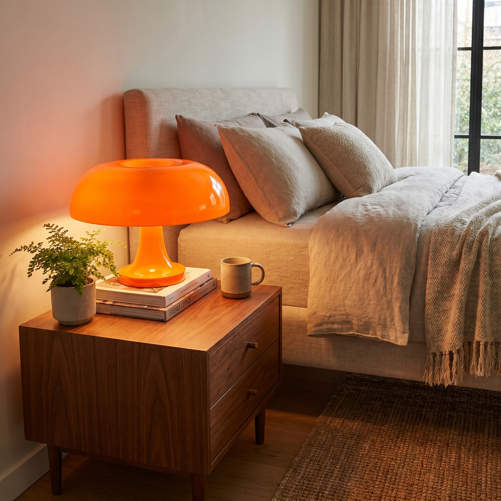 Glossy Orange Scandinavian Mushroom Table Lamp With Soft Dome Shade