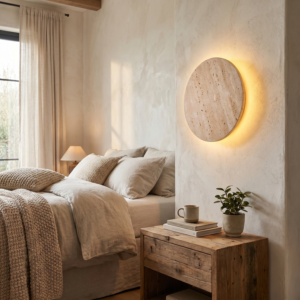 Minimalist Travertine Round LED Wall Sconce Light