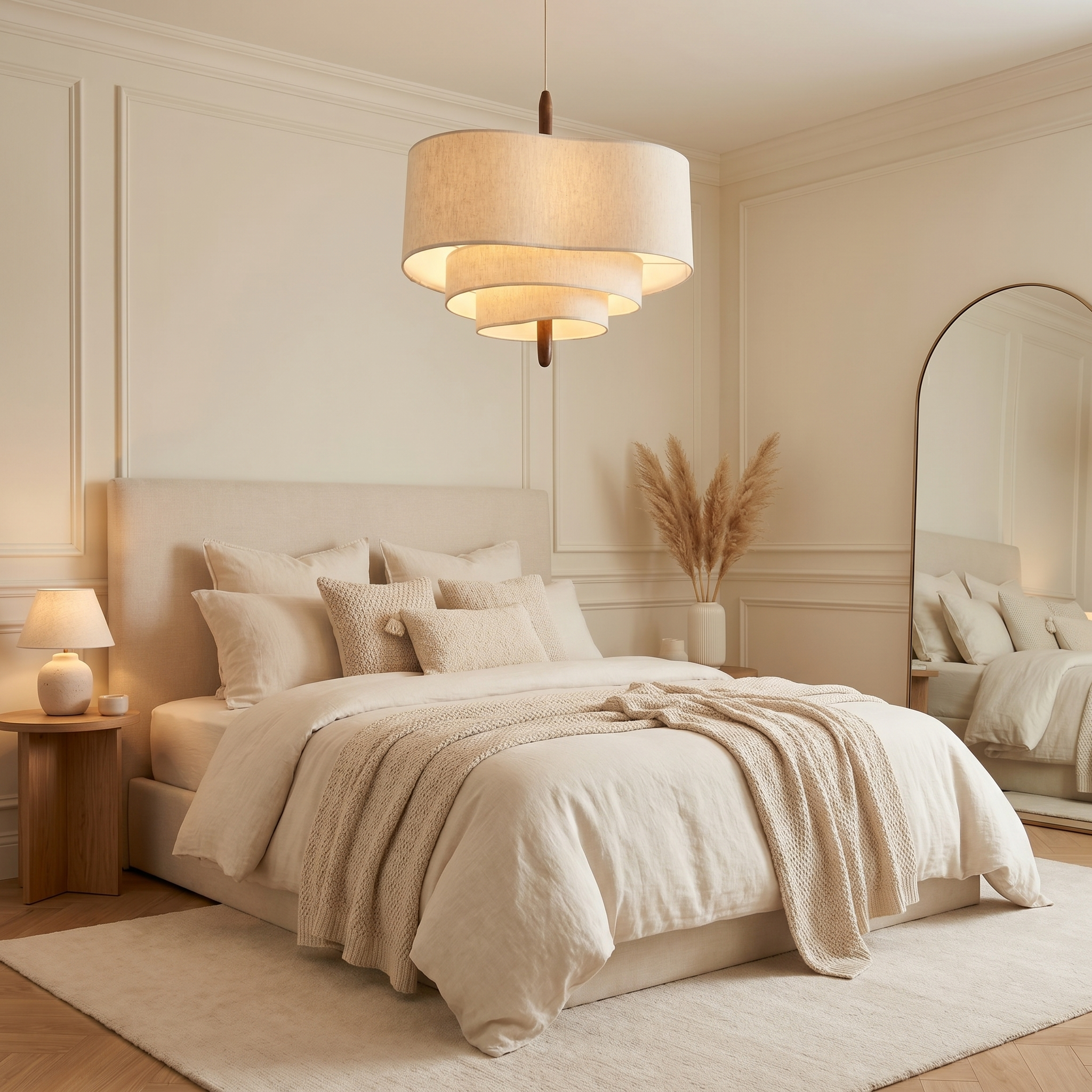 French Cream Fabric Pendant Light With Layered Sculptural Shade