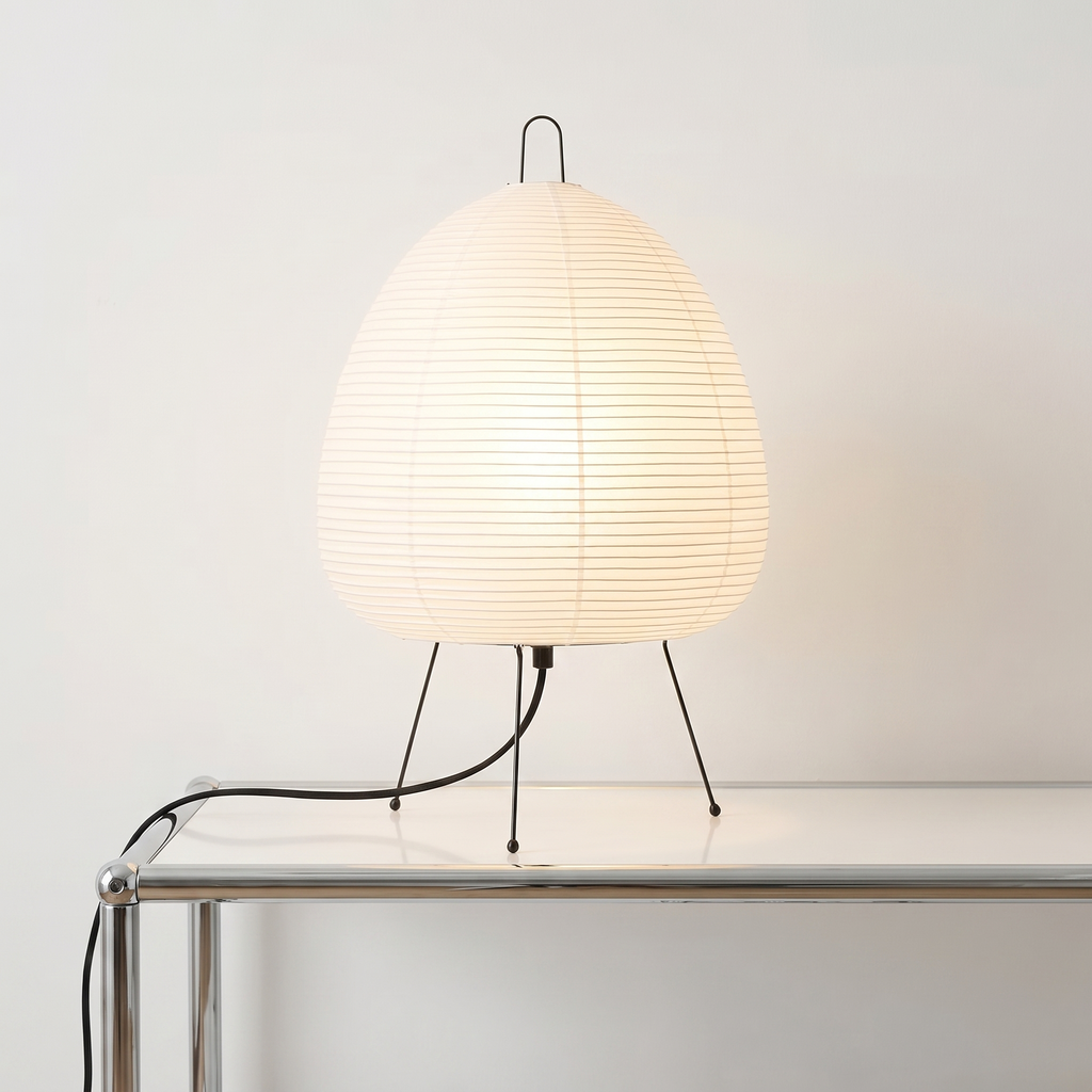 Akari Style Paper Table Lamp With Minimalist Sculptural Frame And Soft Glow