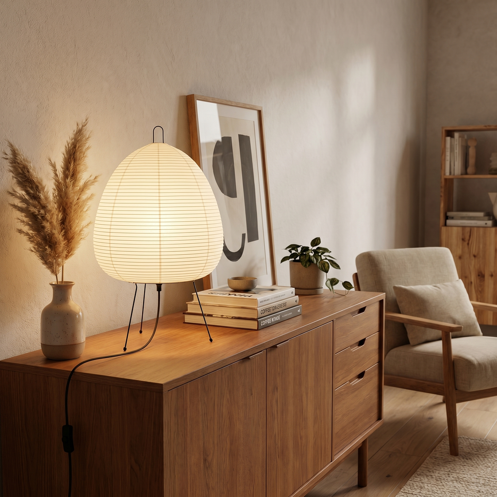 Akari Style Paper Table Lamp With Minimalist Sculptural Frame And Soft Glow
