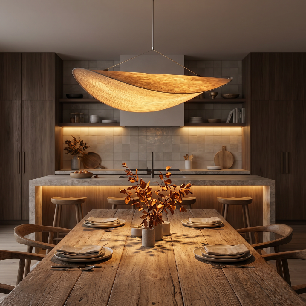 Japanese Wabisabi Silk Pendant Light With Sailing Silhouette Design