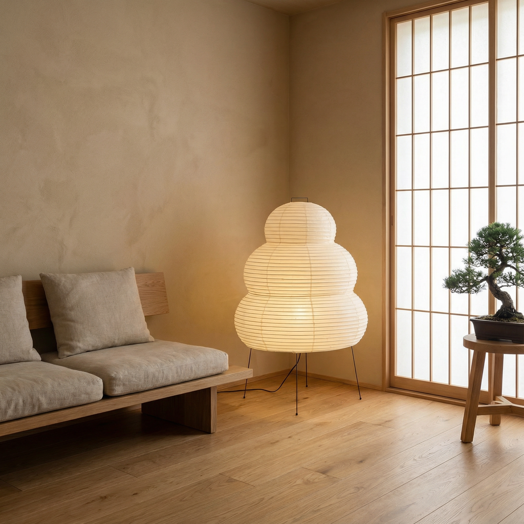 Japanese Rice Paper Floor Lamp With Clean Metal Frame Sculptural Design