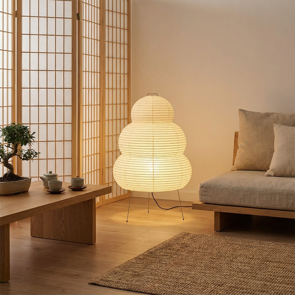 Japanese Rice Paper Floor Lamp With Clean Metal Frame Sculptural Design