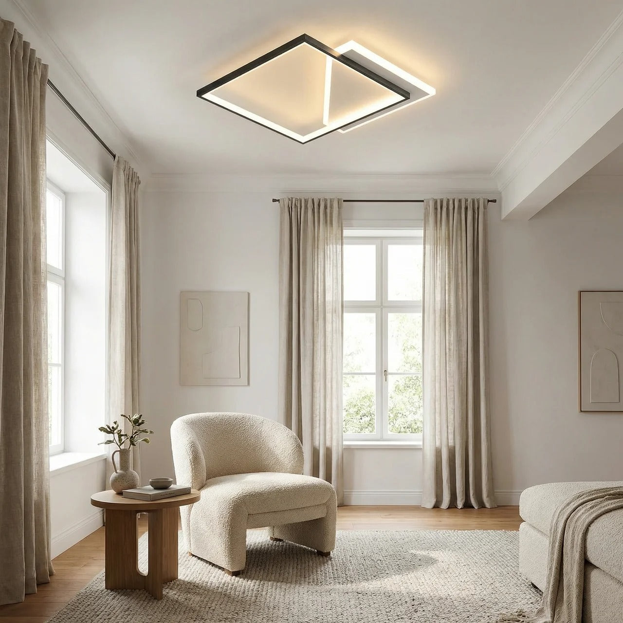Modern Black Dual Square LED Ceiling Light 50cm Geometric Design