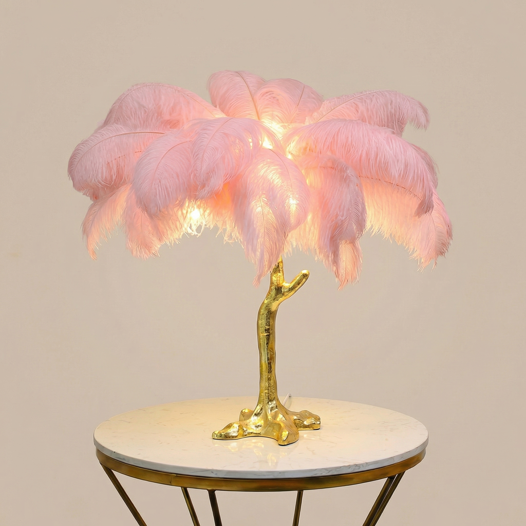 Nordic Artificial Ostrich Feather Table Lamp With Resin Base Bedroom Decor
