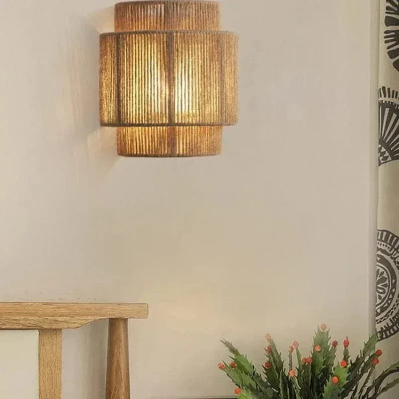 Handwoven Rattan Bamboo Wall Light For Natural Rustic Home Decor