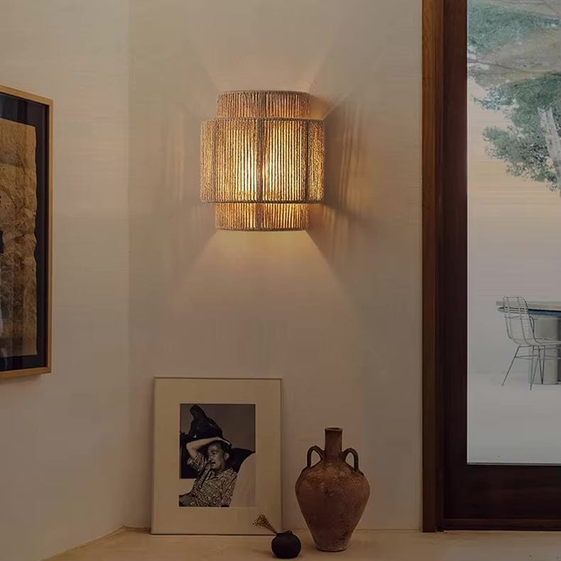 Handwoven Rattan Bamboo Wall Light For Natural Rustic Home Decor