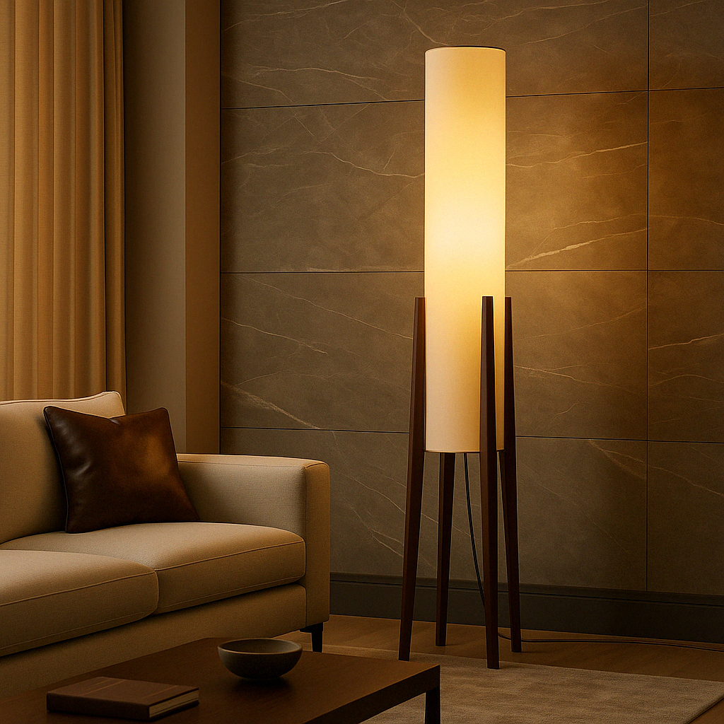 Midcentury Solid Walnut Tripod Floor Lamp With Fabric Drum Shade