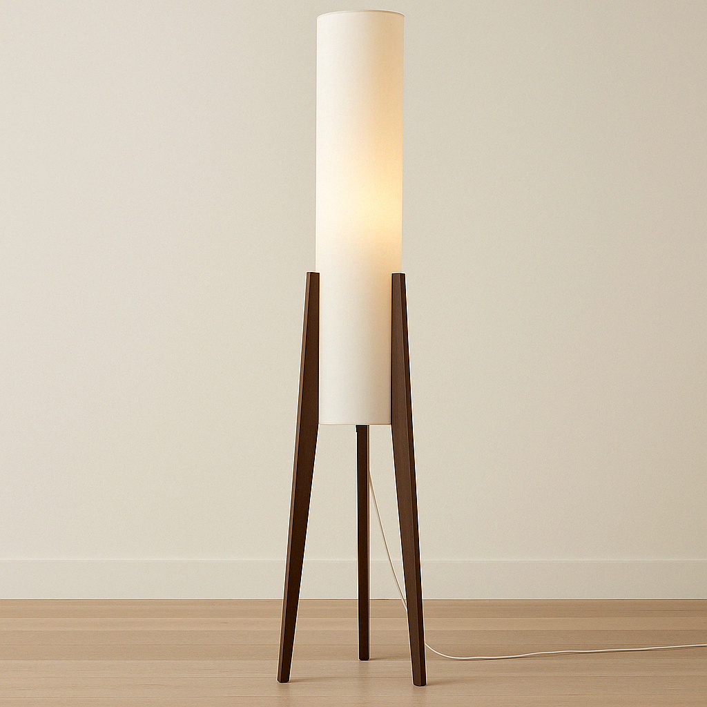 Midcentury Solid Walnut Tripod Floor Lamp With Fabric Drum Shade