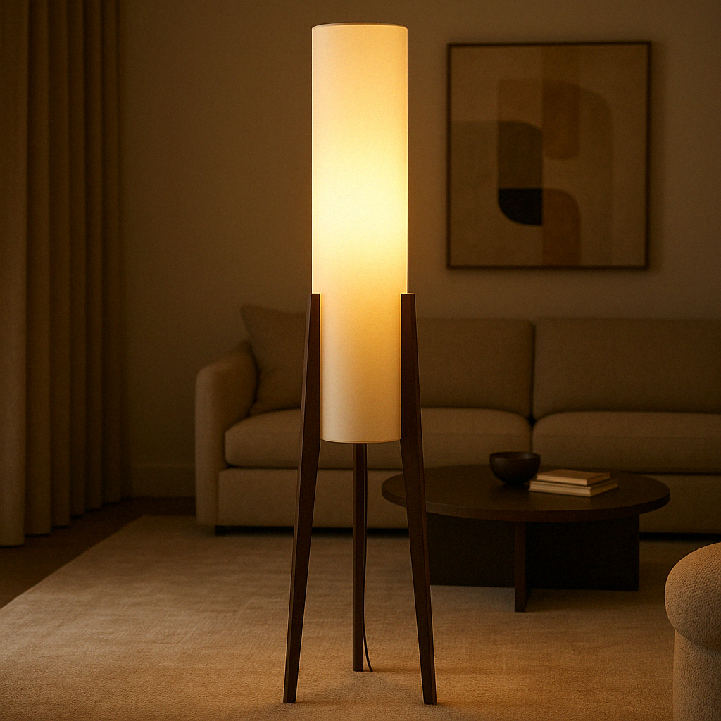 Midcentury Solid Walnut Tripod Floor Lamp With Fabric Drum Shade
