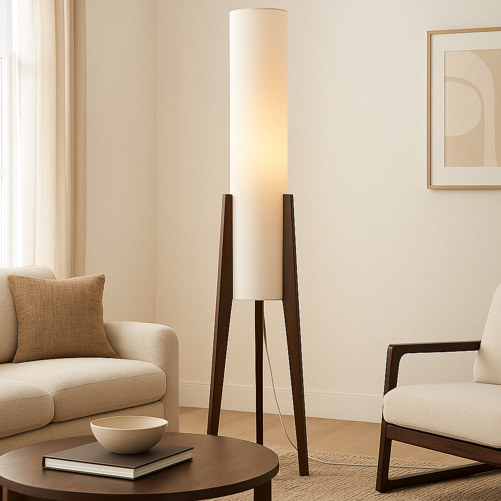 Midcentury Solid Walnut Tripod Floor Lamp With Fabric Drum Shade